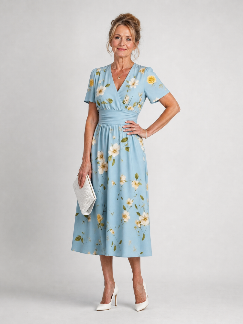 Marion | Floral Print Short Sleeve V Neck Midi Dress 6