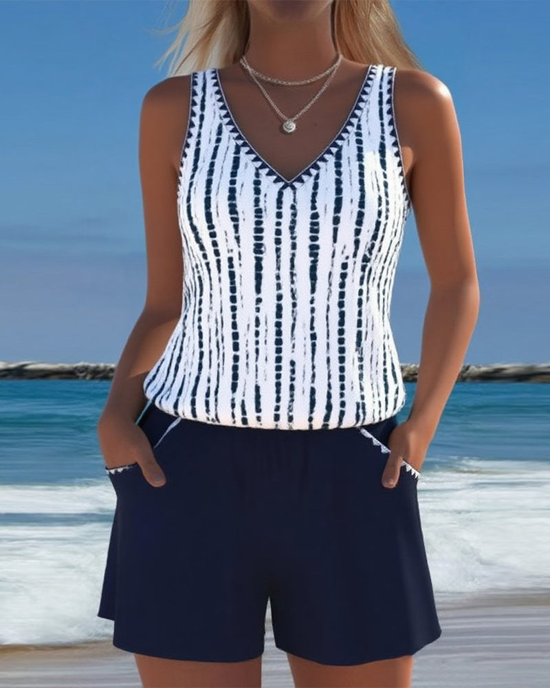Mia | Casual Two Piece Printed V-Neck Swimsuit with Pockets 0