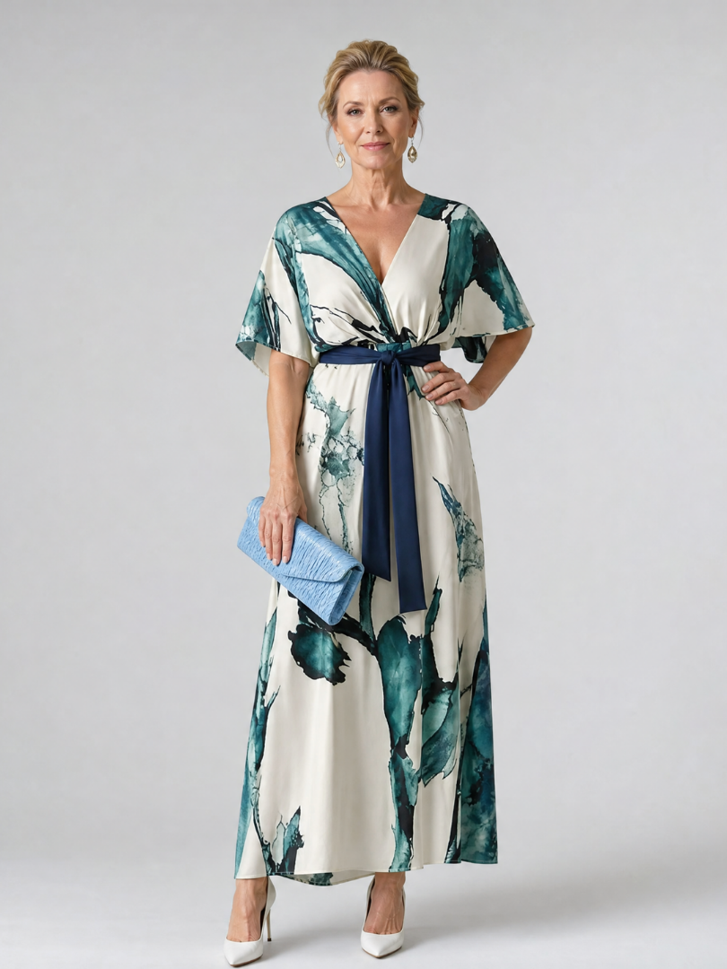 Moglos | Abstract Belted Flutter Sleeve Maxi Dress 0