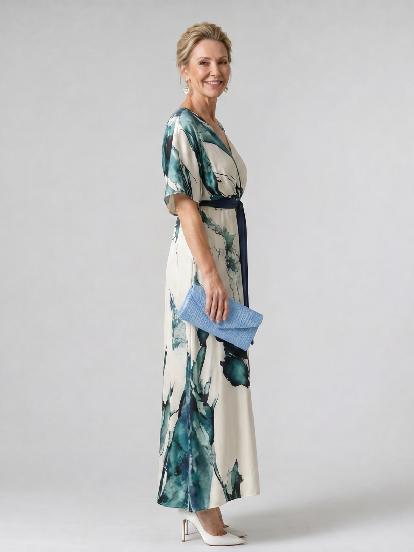 Moglos | Abstract Belted Flutter Sleeve Maxi Dress 1