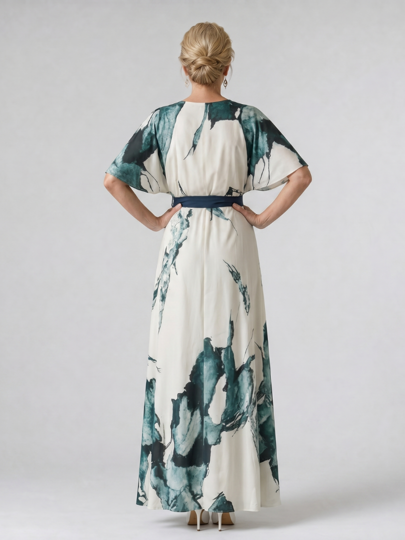 Moglos | Abstract Belted Flutter Sleeve Maxi Dress 3