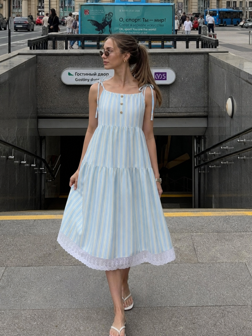 Nathalia | Sleeveless Tie Strap Stripe Pattern Midi Dress 0