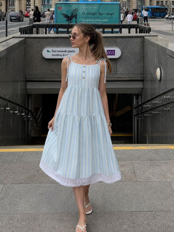 Nathalia | Sleeveless Tie Strap Stripe Pattern Midi Dress 0