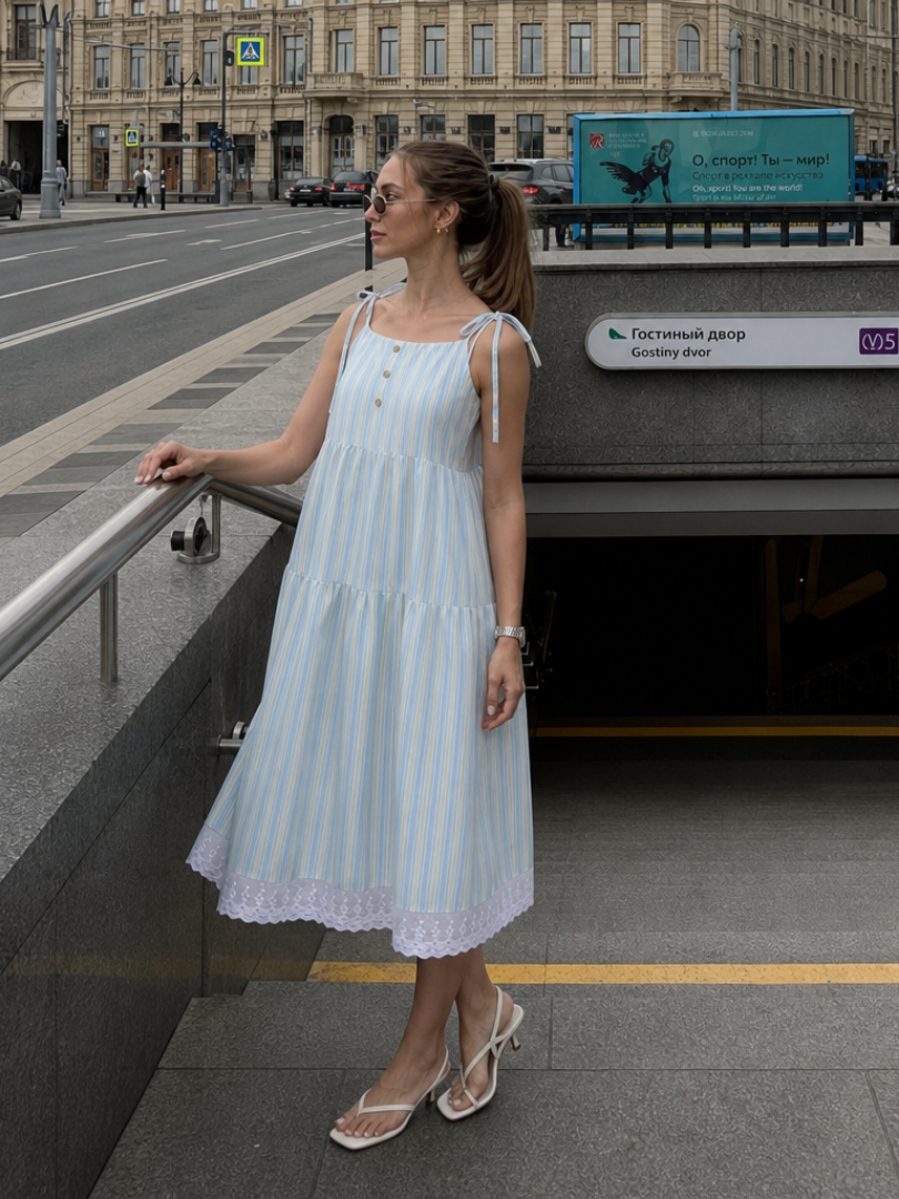 Nathalia | Sleeveless Tie Strap Stripe Pattern Midi Dress 2