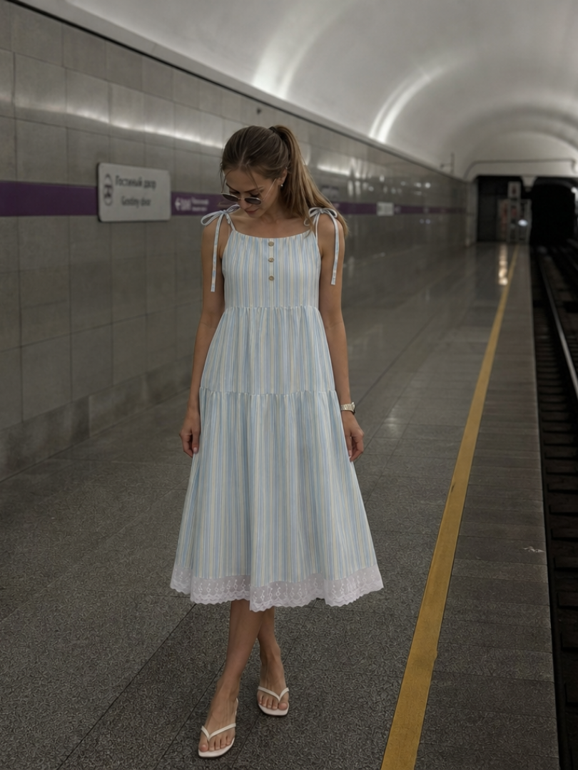 Nathalia | Sleeveless Tie Strap Stripe Pattern Midi Dress 4