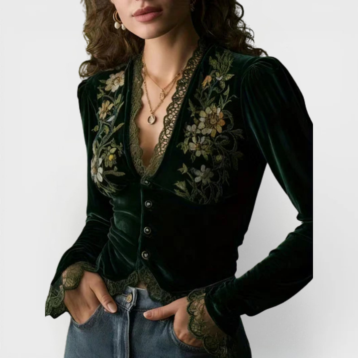 Nora  | Long-Sleeve Velvet Blouse with Embroidered Flowers 0