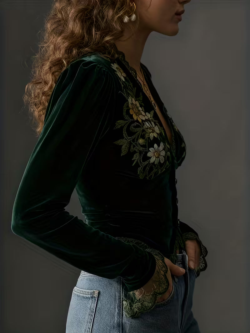 Nora  | Long-Sleeve Velvet Blouse with Embroidered Flowers 3