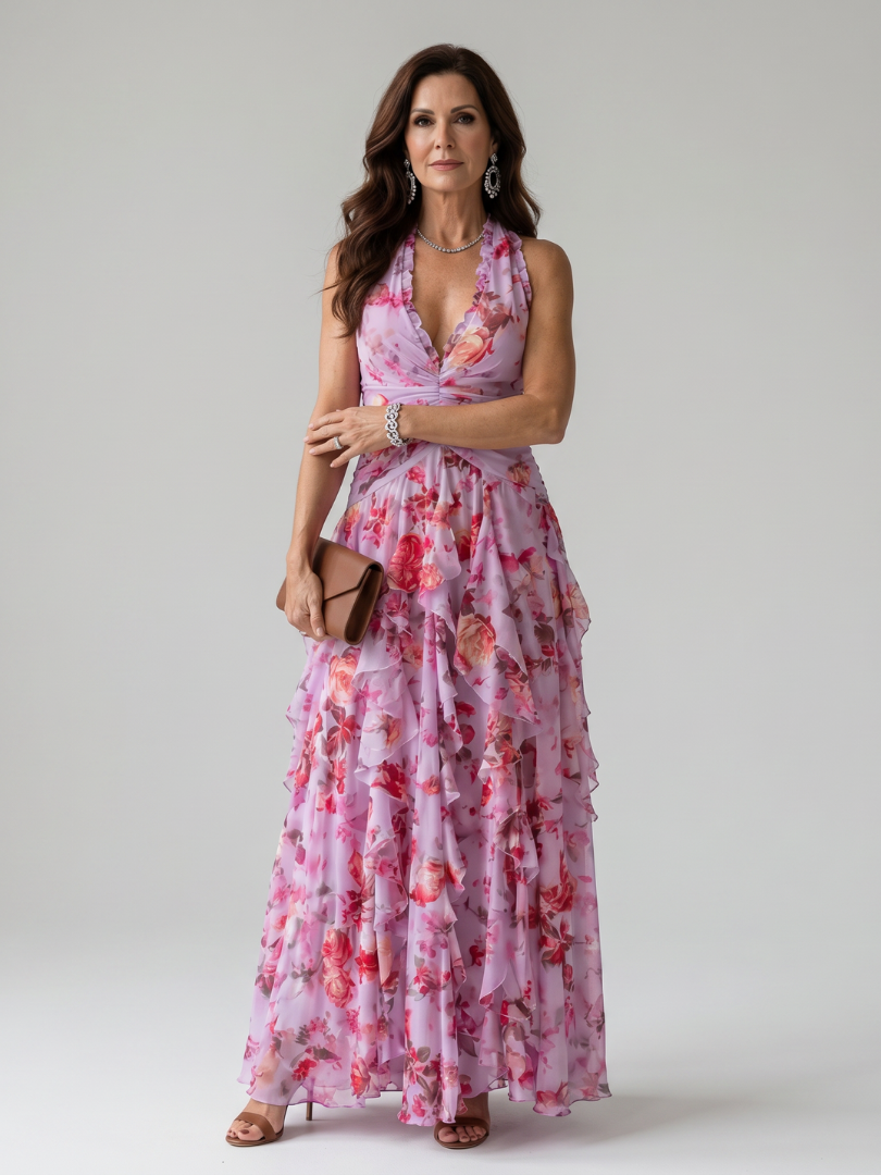 Nori | Halter Neck Ruched Bodice Floral Maxi Dress 0
