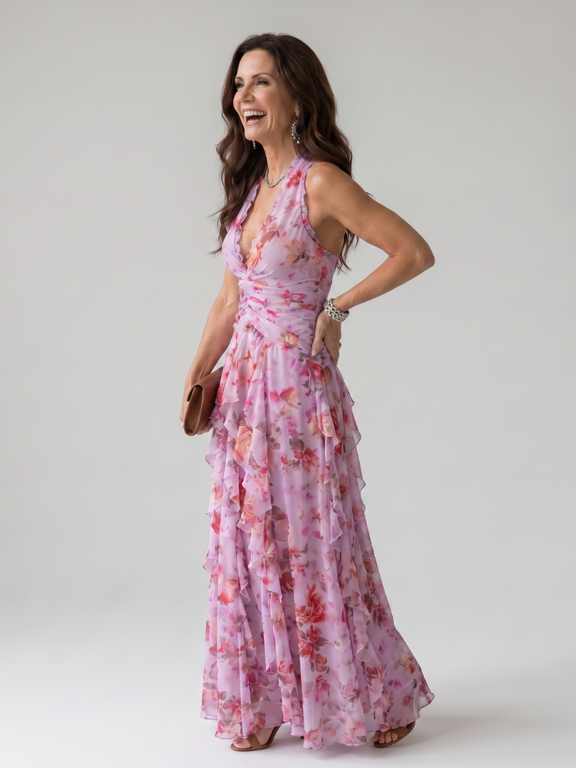 Nori | Halter Neck Ruched Bodice Floral Maxi Dress 1