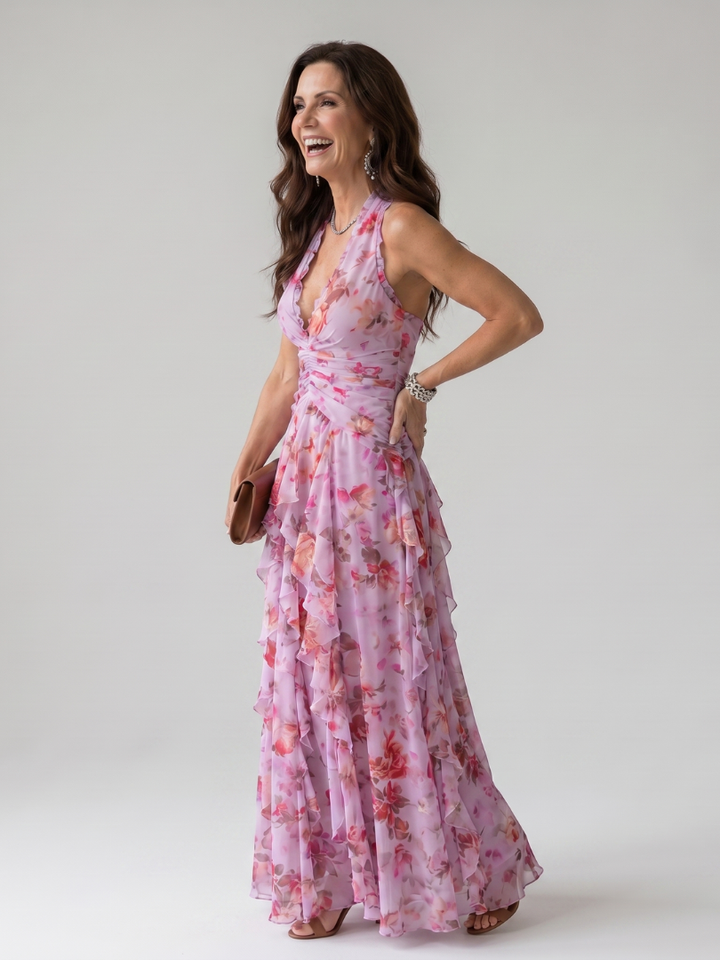 Nori | Halter Neck Ruched Bodice Floral Maxi Dress 1