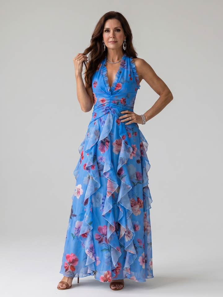 Nori | Halter Neck Ruched Bodice Floral Maxi Dress 4