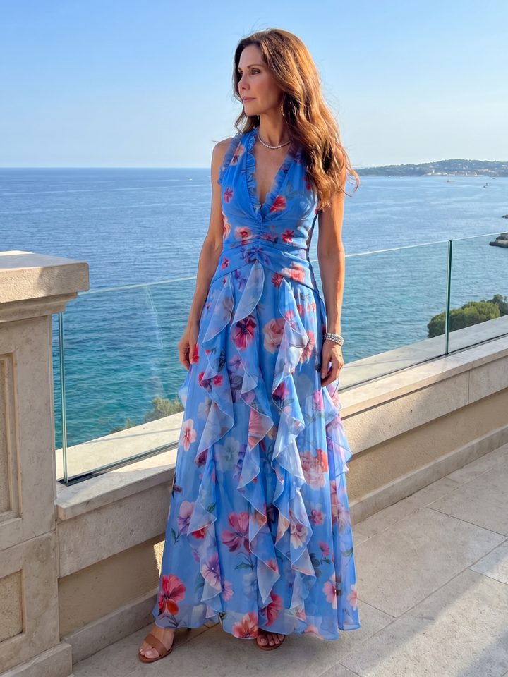 Nori | Halter Neck Ruched Bodice Floral Maxi Dress 7