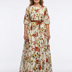 Odelia | Round Neck Three Quarter Sleeve Belted Maxi Dress 0