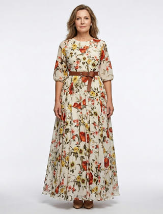 Odelia | Round Neck Three Quarter Sleeve Belted Maxi Dress 0