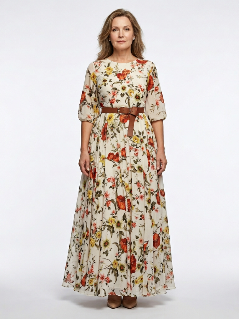 Odelia | Round Neck Three Quarter Sleeve Belted Maxi Dress 0