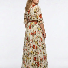 Odelia | Round Neck Three Quarter Sleeve Belted Maxi Dress 1