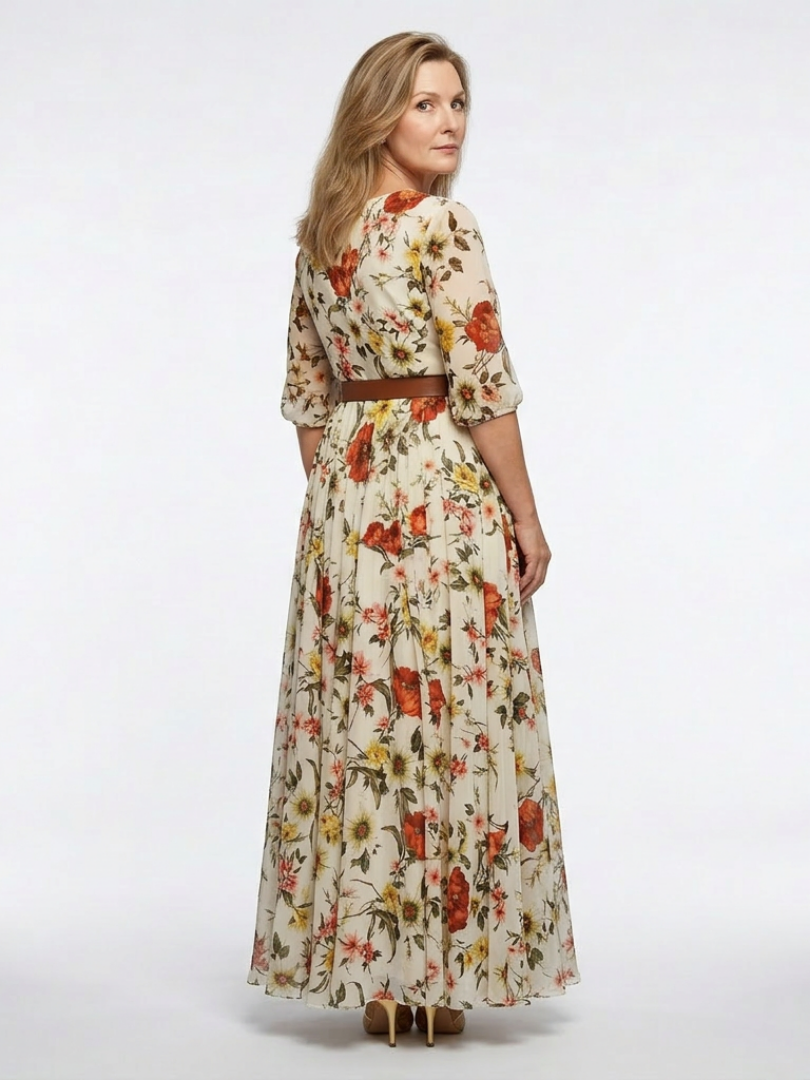 Odelia | Round Neck Three Quarter Sleeve Belted Maxi Dress 1