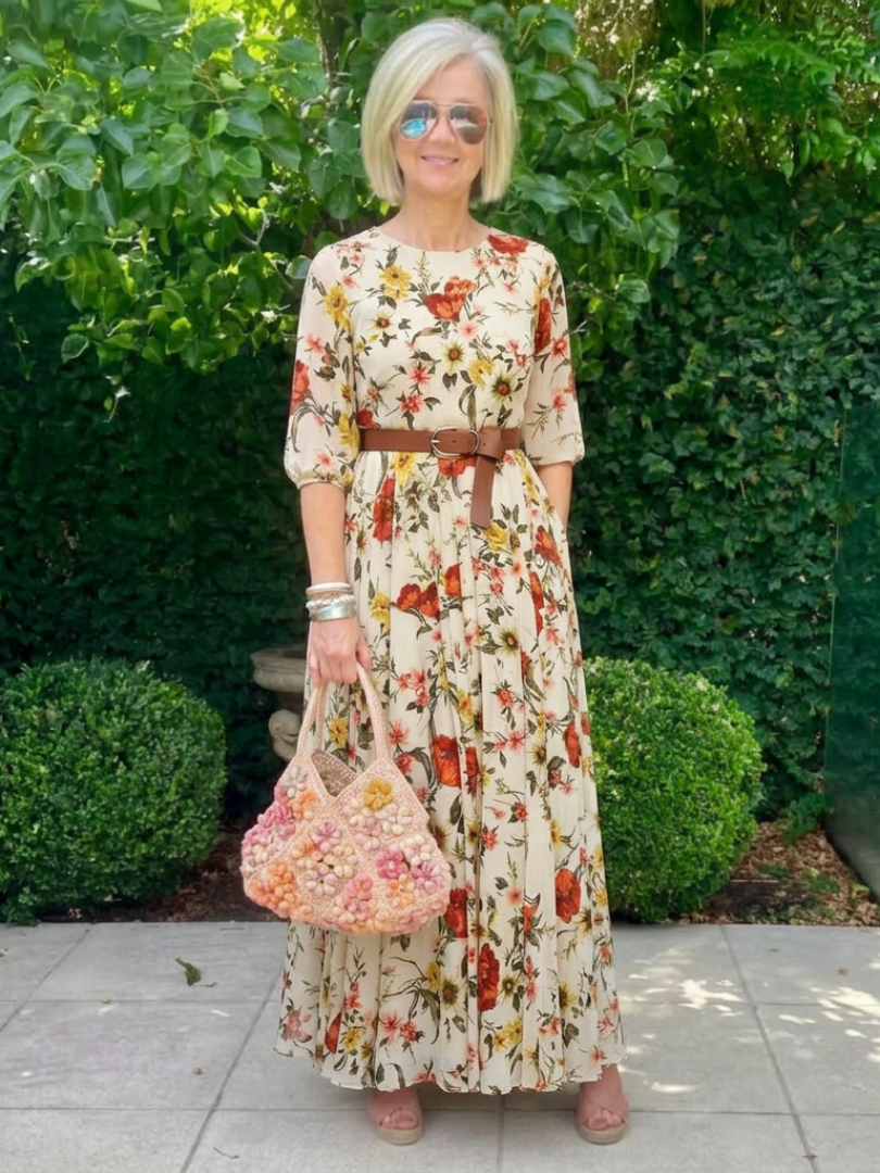 Odelia | Round Neck Three Quarter Sleeve Belted Maxi Dress 2