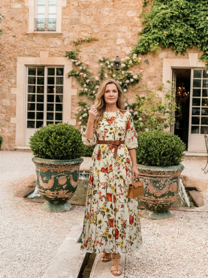 Odelia | Round Neck Three Quarter Sleeve Belted Maxi Dress 3