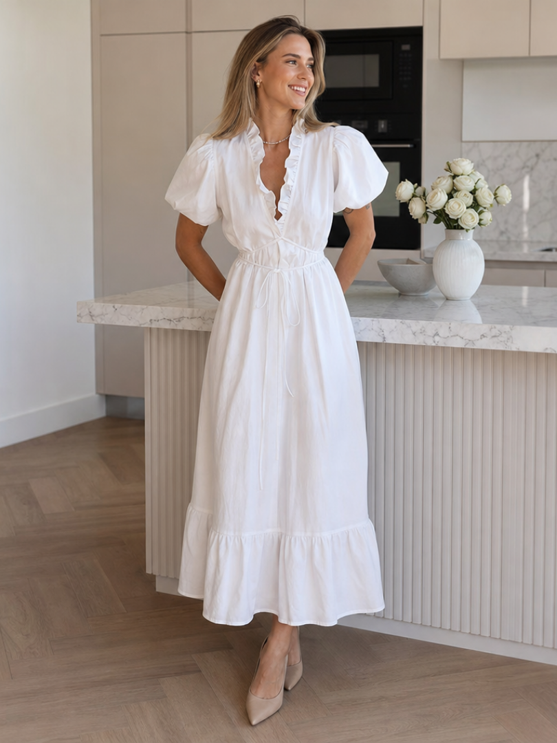Okea | Short Puff Sleeve Waist Tie Midi Dress 0