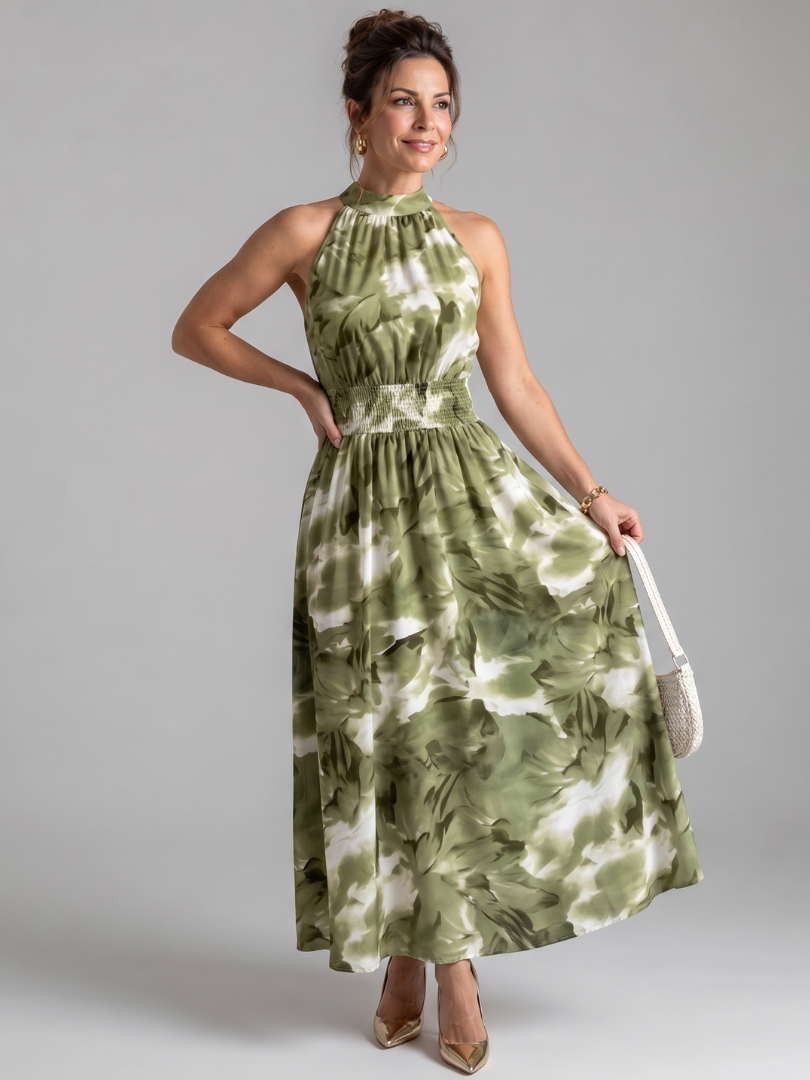 Olivia | Gathered Waist Abstract Print Midi Dress 0