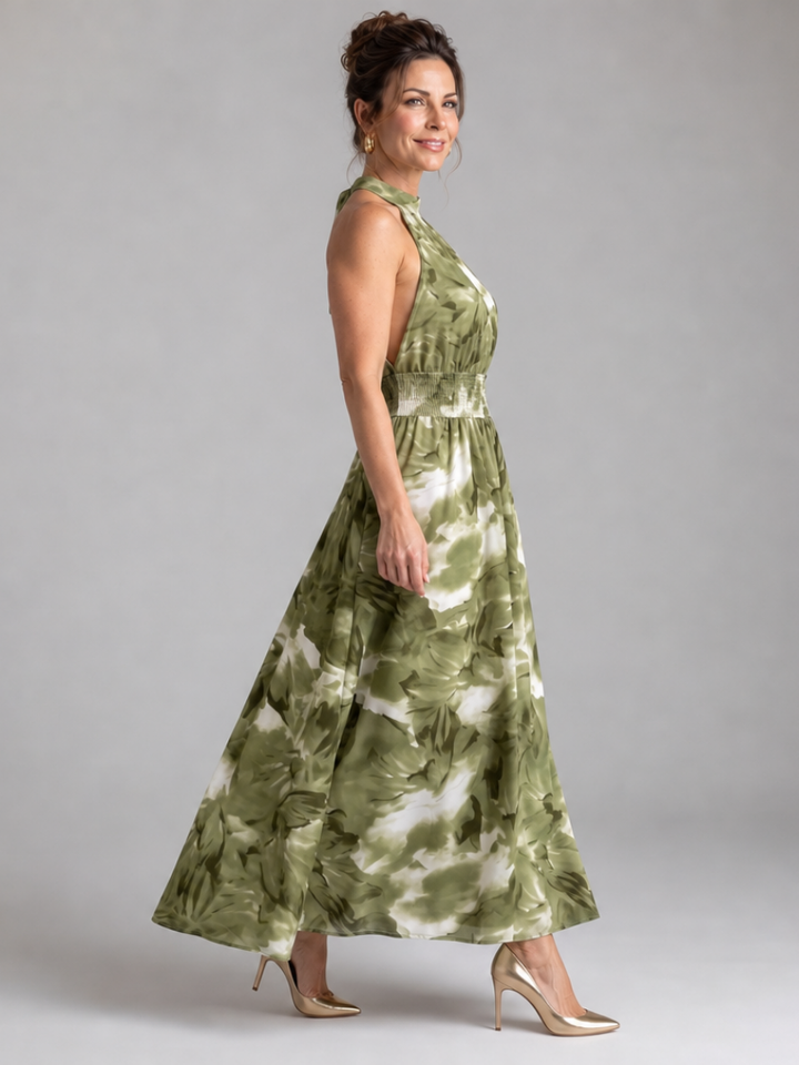 Olivia | Gathered Waist Abstract Print Midi Dress 1