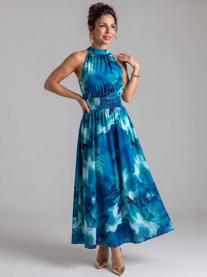 Olivia | Gathered Waist Abstract Print Midi Dress 4