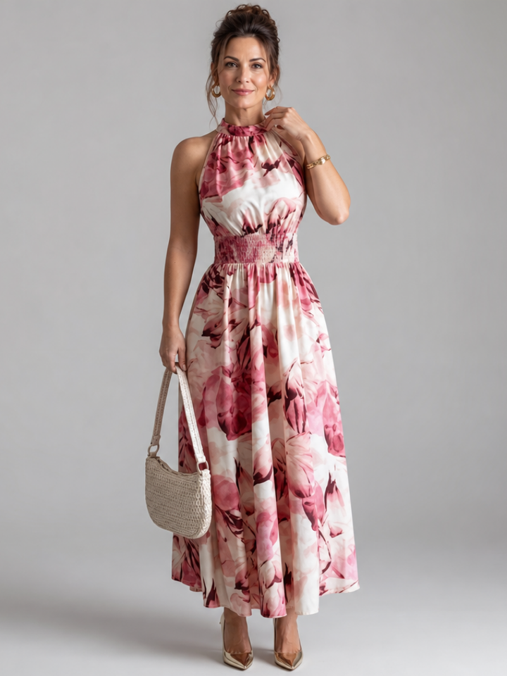 Olivia | Gathered Waist Abstract Print Midi Dress 5