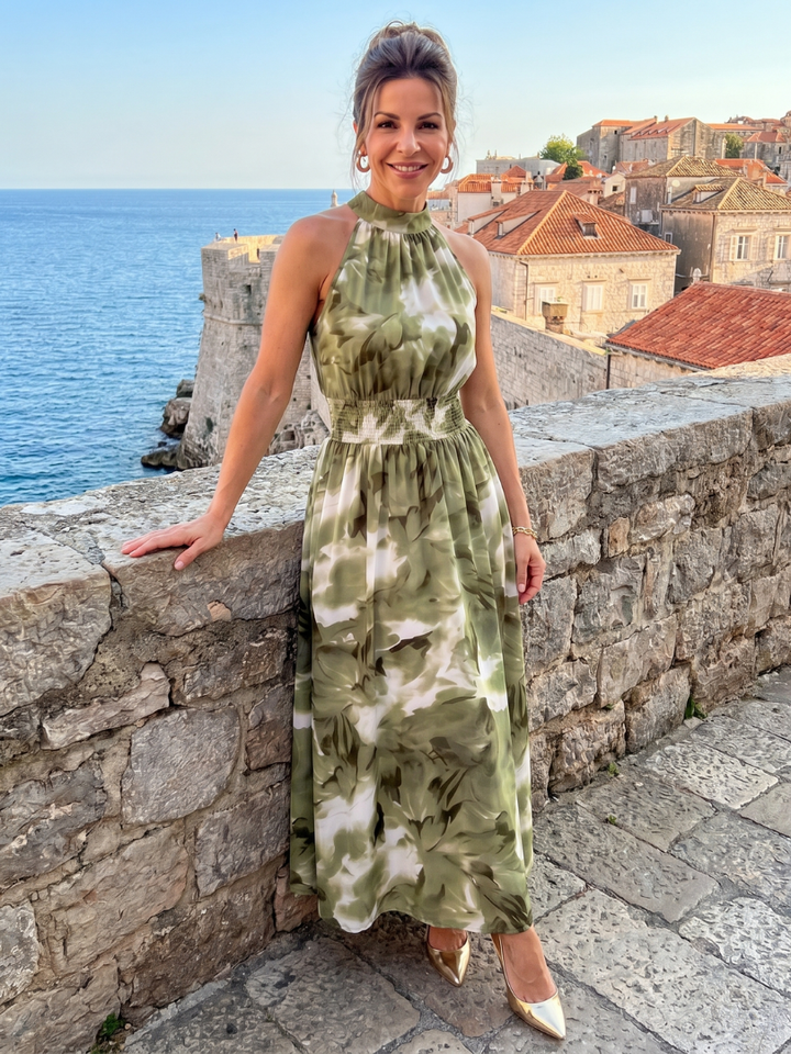 Olivia | Gathered Waist Abstract Print Midi Dress 6