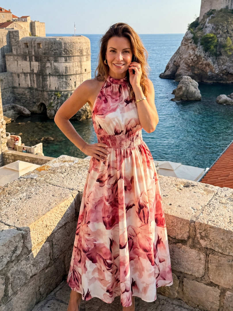 Olivia | Gathered Waist Abstract Print Midi Dress 8