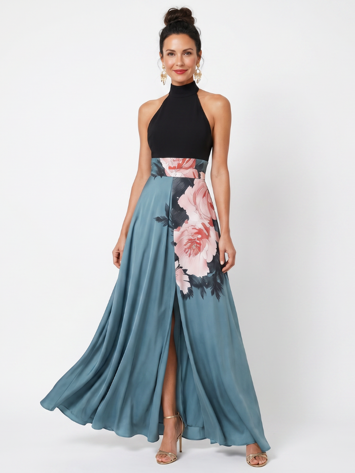 Olympas | Halter Bodice Floral Skirt Maxi Dress 0