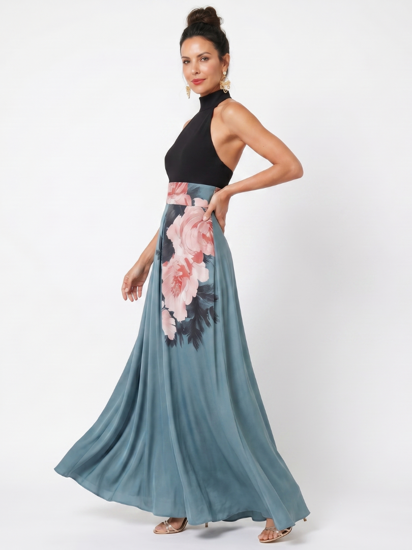 Olympas | Halter Bodice Floral Skirt Maxi Dress 1