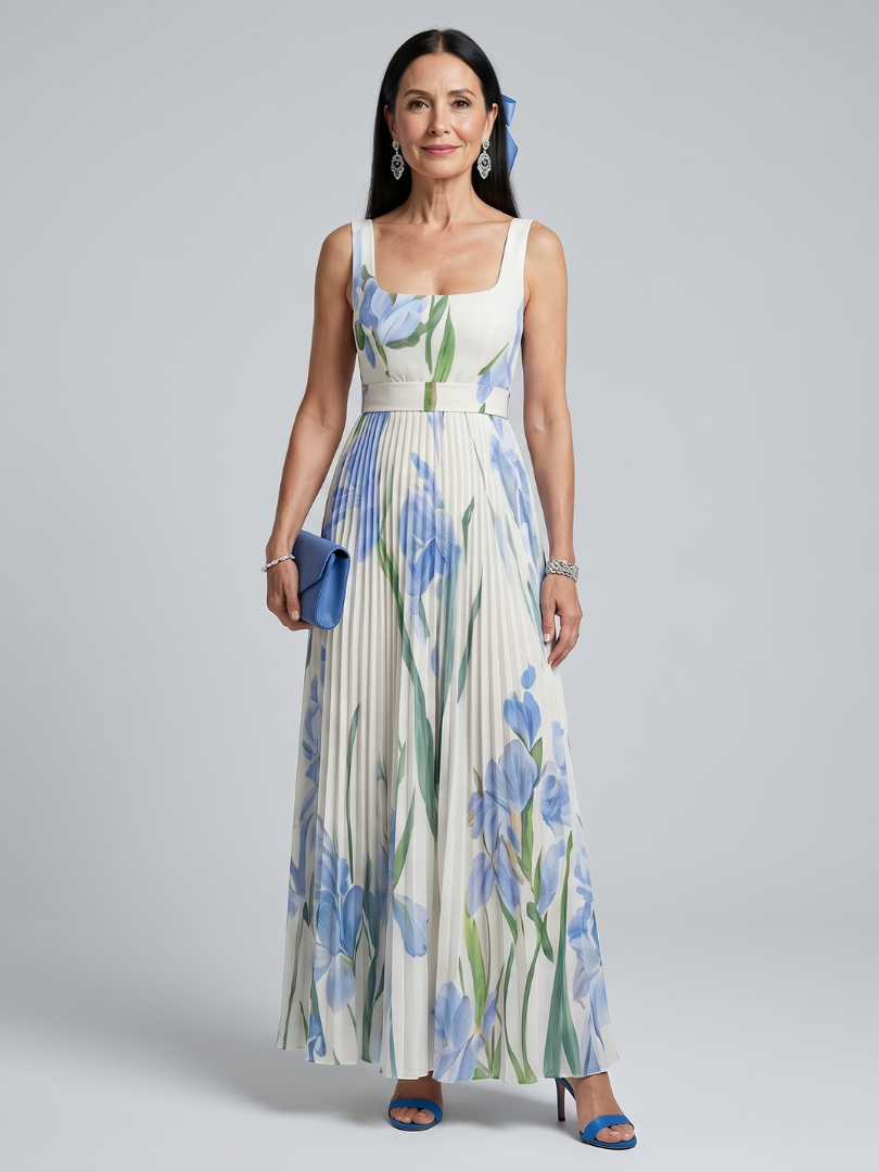 Ophelia | Sleeveless Square Neck Floral Print Midi Dress 0