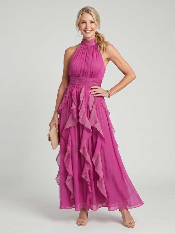Orea | High Neck Gathered Ruffle Layers Maxi Dress 0