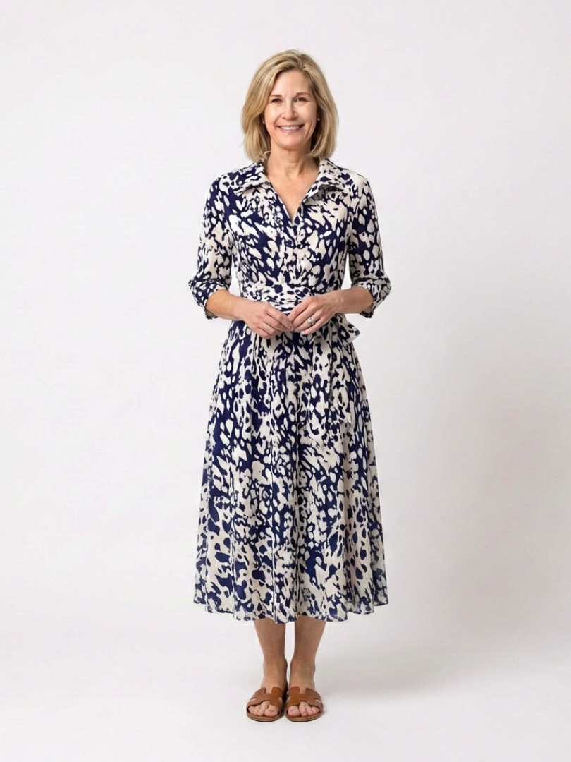 Oriana | Collared Long Sleeve Waist Tie Midi Dress 0