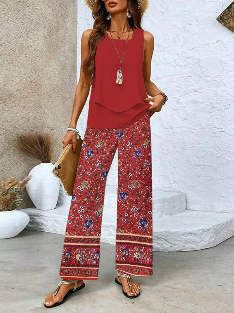 Ovelynra™ | Sleeveless Top And Wide-Leg Pants Set 0