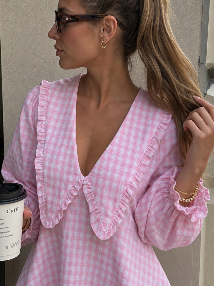 Peker | Ruffle Collar And Gingham Pattern Mini Dress 3