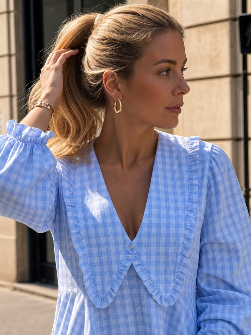 Peker | Ruffle Collar And Gingham Pattern Mini Dress 5