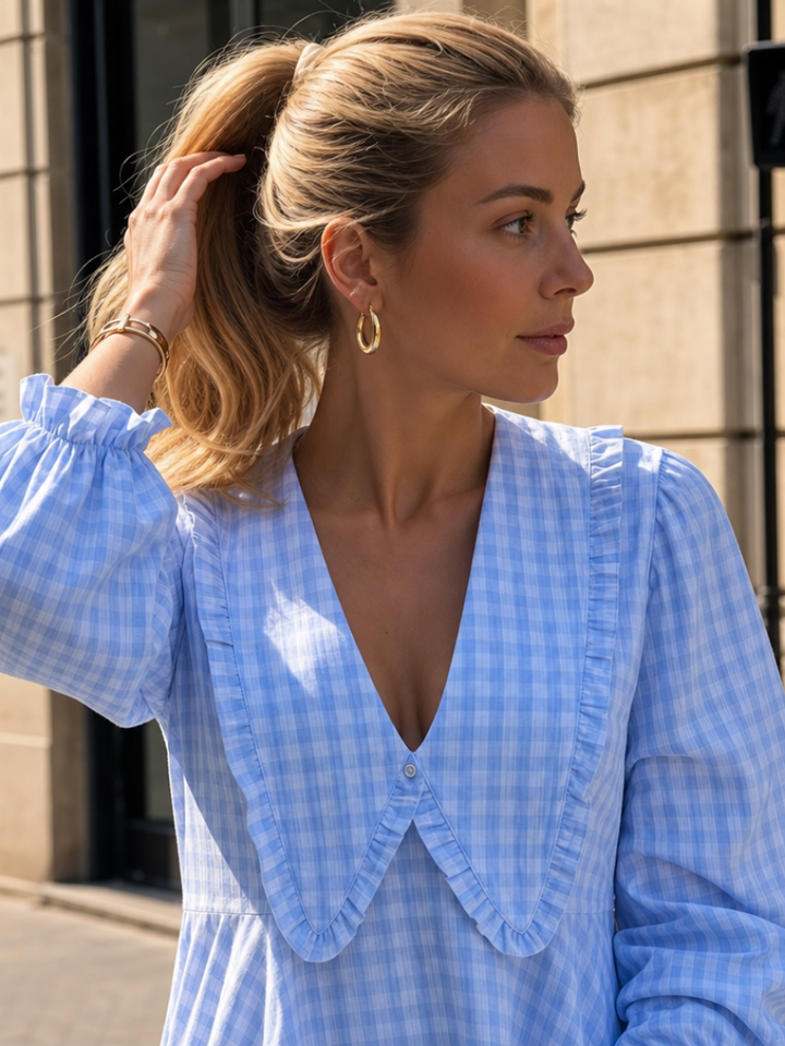 Peker | Ruffle Collar And Gingham Pattern Mini Dress 5