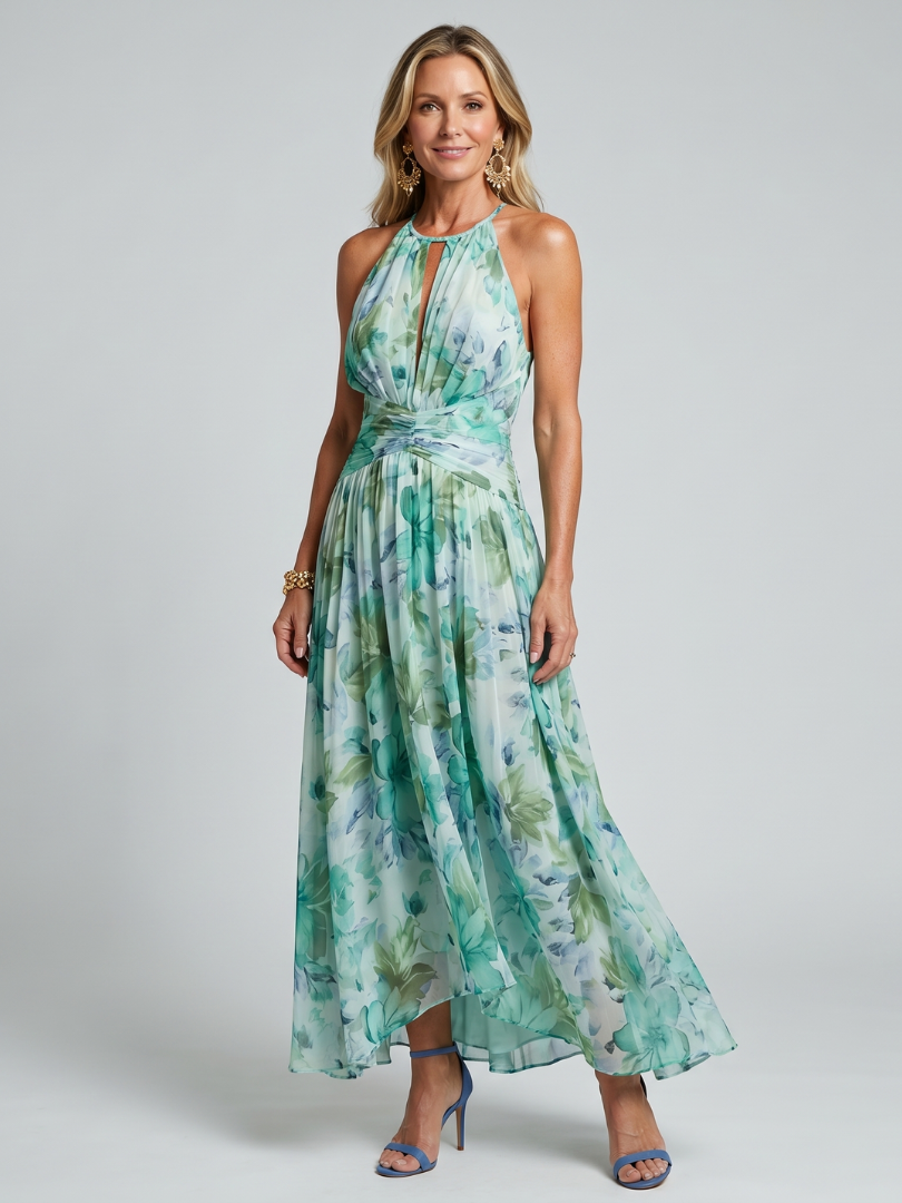 Portia | Pleated Halter Soft Floral Pattern Midi Dress 0