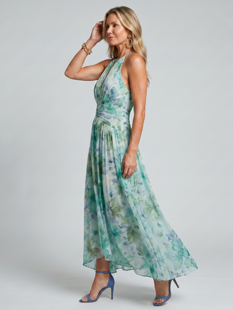 Portia | Pleated Halter Soft Floral Pattern Midi Dress 1