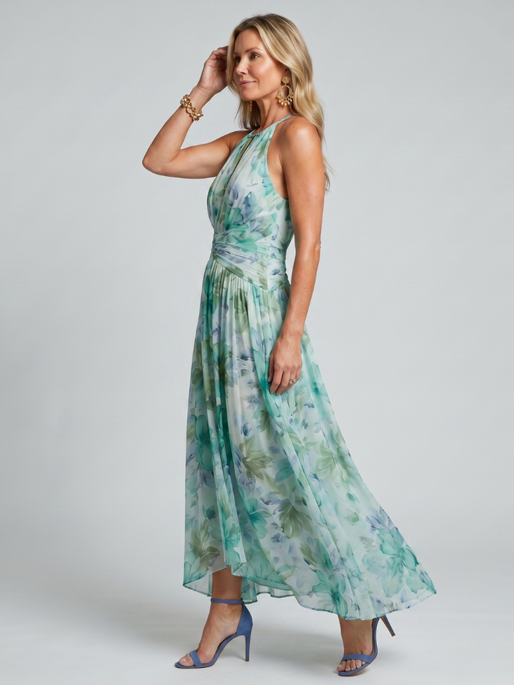 Portia | Pleated Halter Soft Floral Pattern Midi Dress 1