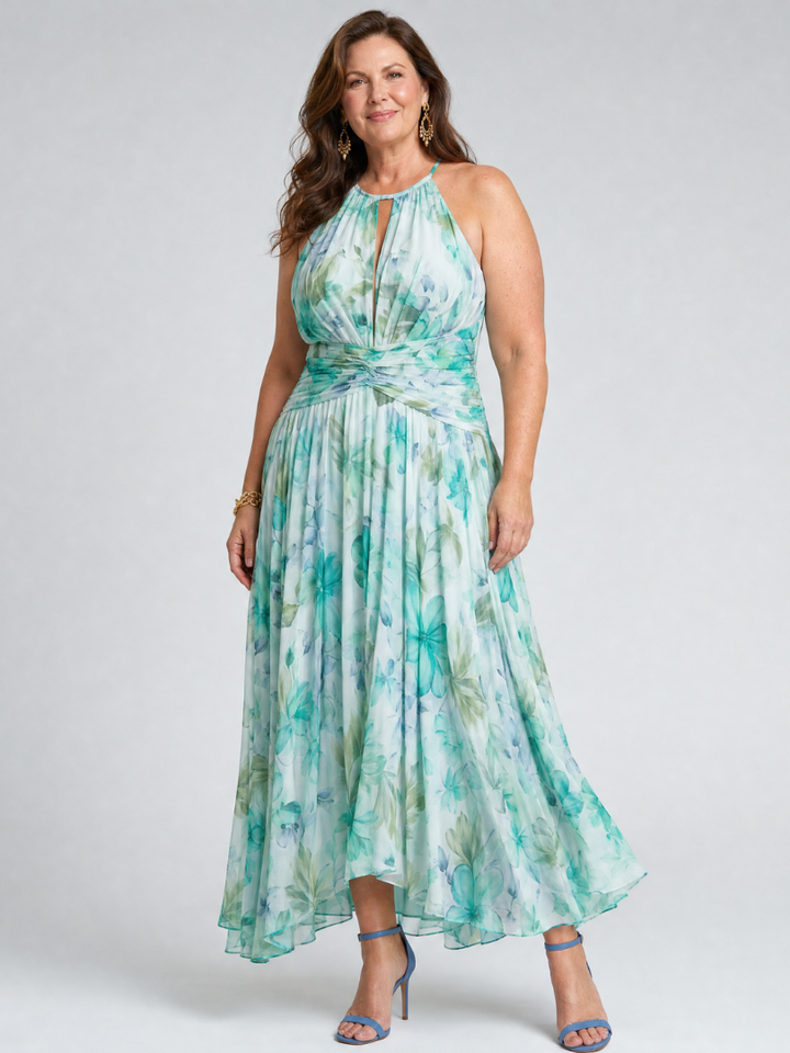 Portia | Pleated Halter Soft Floral Pattern Midi Dress 6