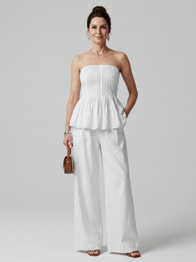 Rila | Strapless Smocked Top And Wide Leg Pants Set 0