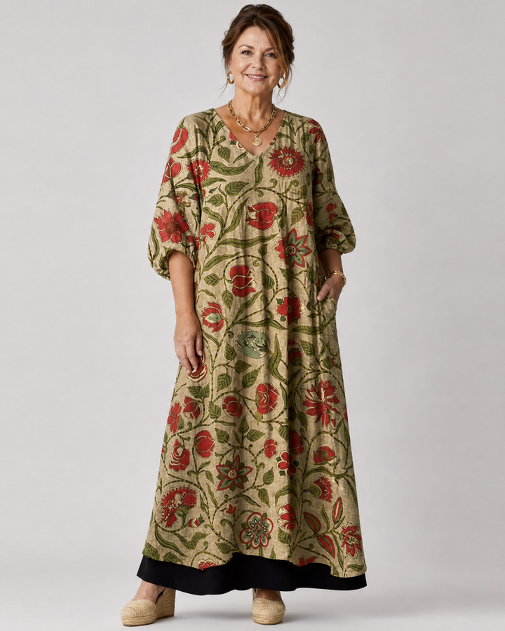 Rimla | Botanical Print Relaxed Three Quarter Sleeve Midi Dress 0