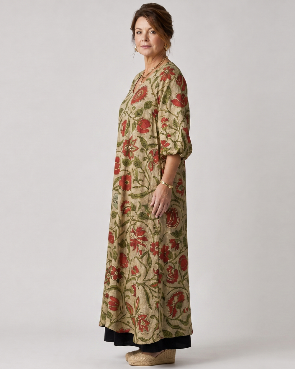 Rimla | Botanical Print Relaxed Three Quarter Sleeve Midi Dress 1