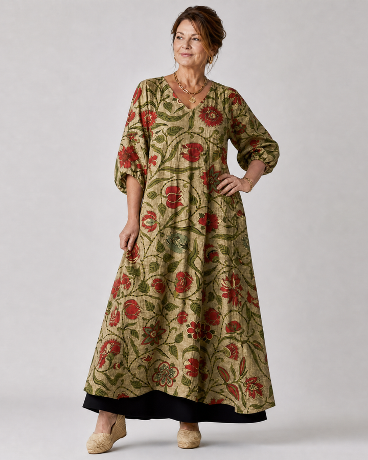 Rimla | Botanical Print Relaxed Three Quarter Sleeve Midi Dress 3