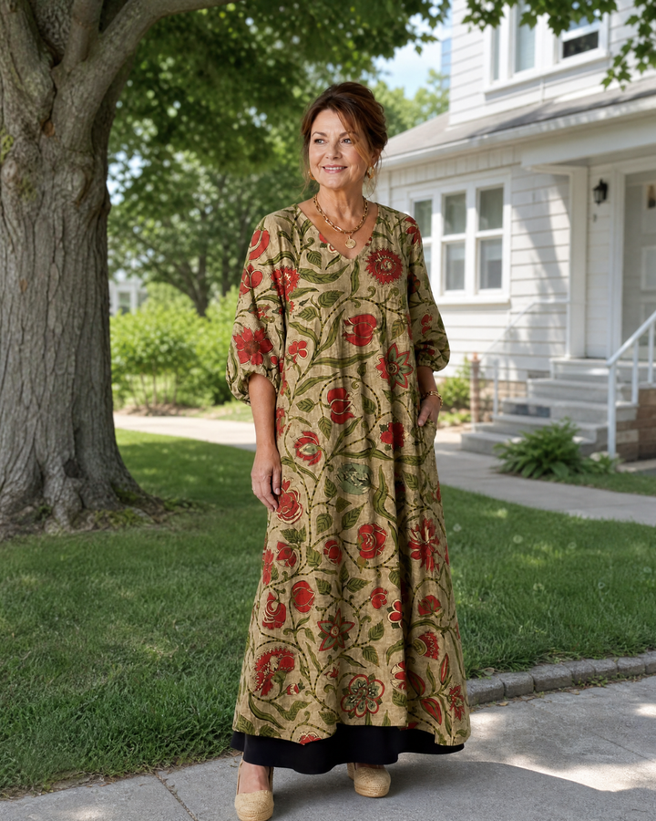 Rimla | Botanical Print Relaxed Three Quarter Sleeve Midi Dress 4