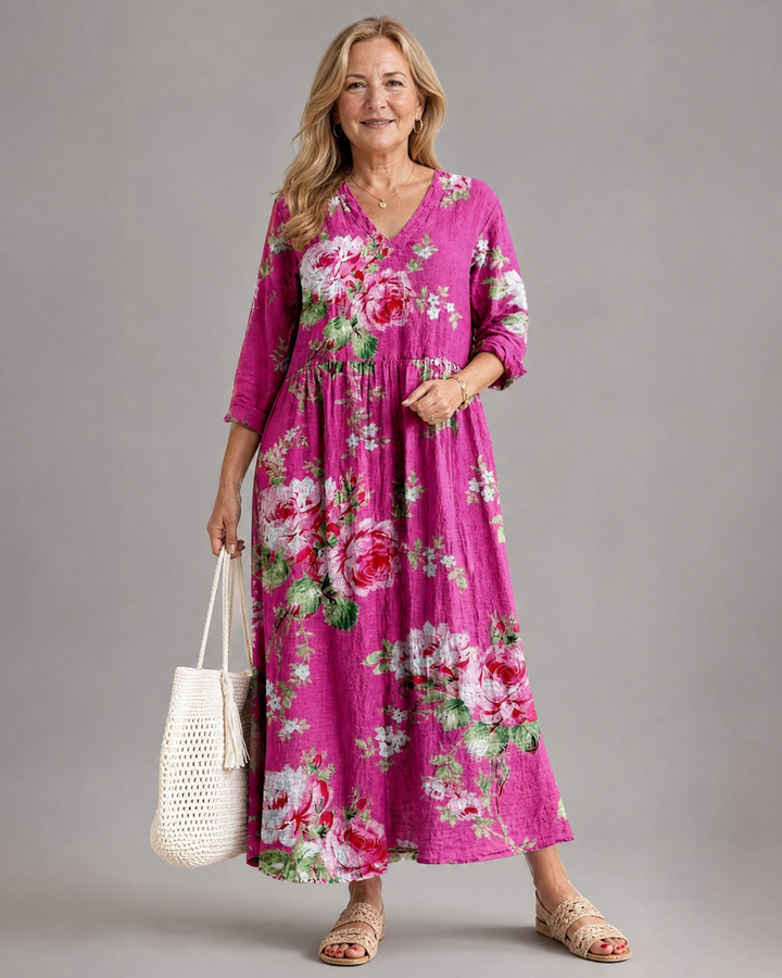 Rosavelle | Vintage Rose Print Gathered Waist Midi Dress 0