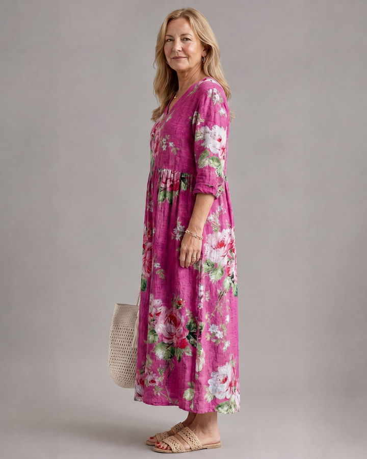 Rosavelle | Vintage Rose Print Gathered Waist Midi Dress 1